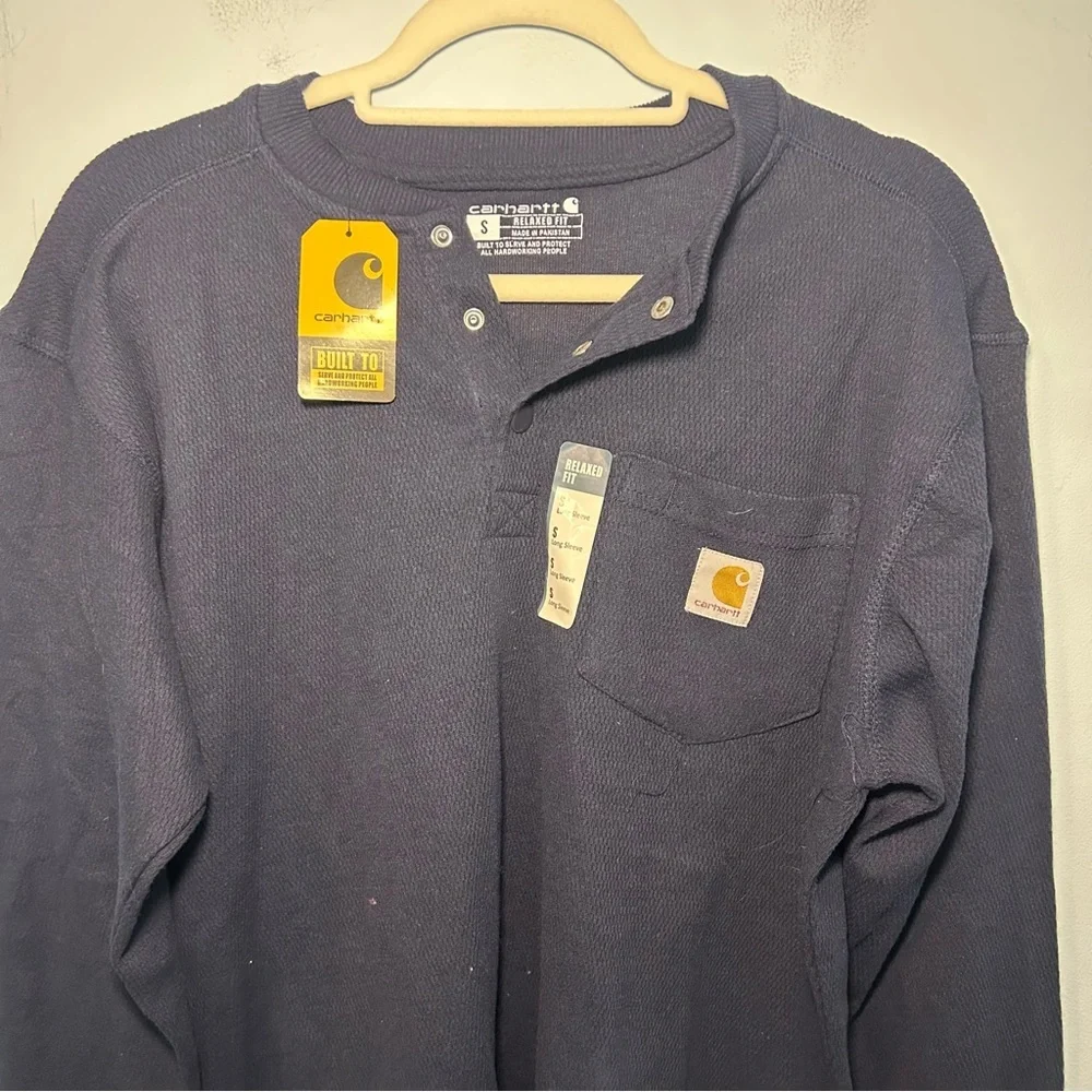 NWT Carhartt Navy Blue Relaxed Fit Snap Collar Long Sleeve Top Size Small